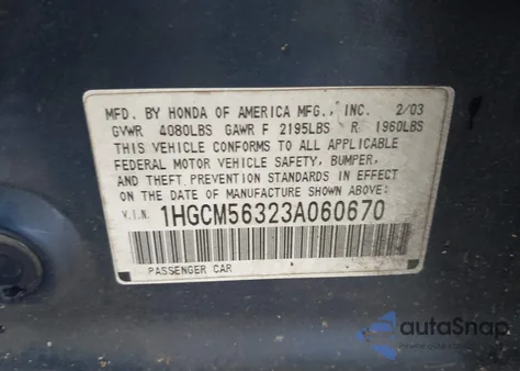 2003 Honda Accord Lx z USA, uszkodzony, nr VIN 1HGCM56323A060670